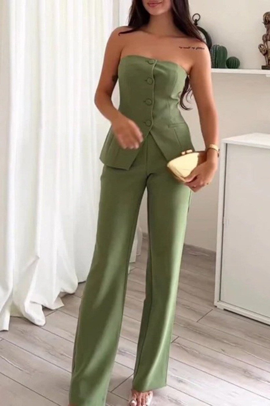 BRIA - Strapless Buttoned Two-Piece Set